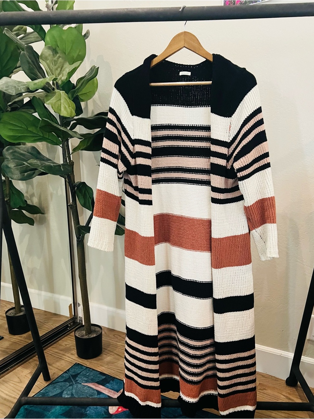Striped Hooded Maxi Dress Cardigan in Black, Cream & Rust-Tone